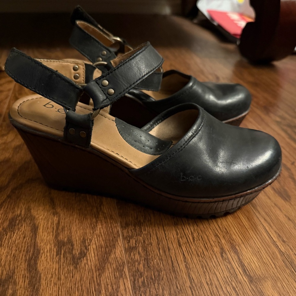 b.o.c. Black Leather Wedge Clogs with Ankle Strap